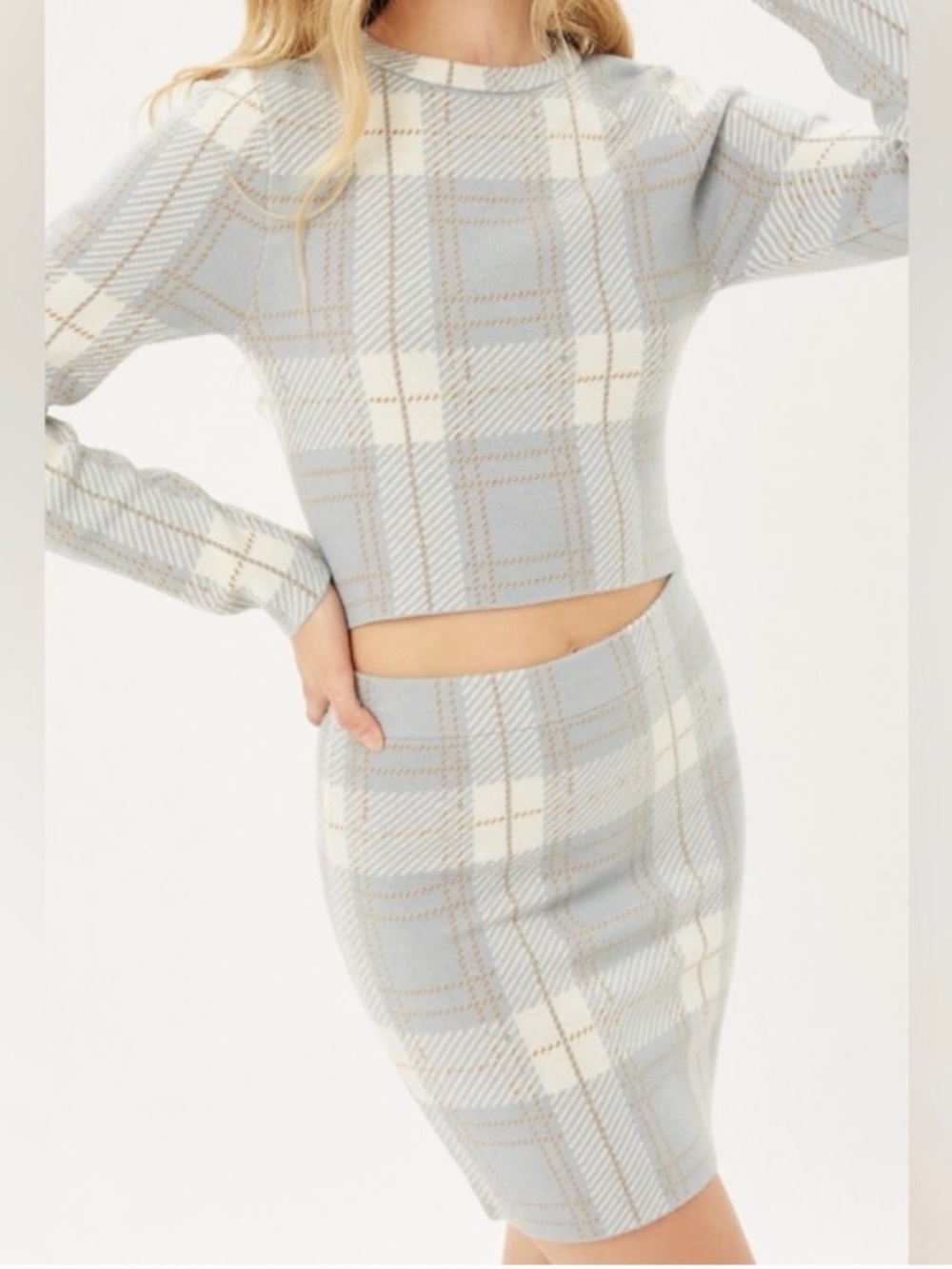 Love Street Plaid Mini Skirt in Light Blue-Gray and Cream Size Small - Picture 8 of 8